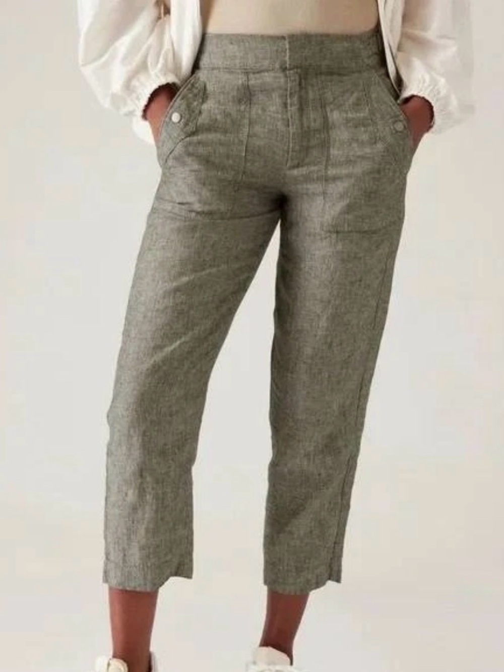 Athleta Voyager Green Linen Cropped Utility Pants — Size 10